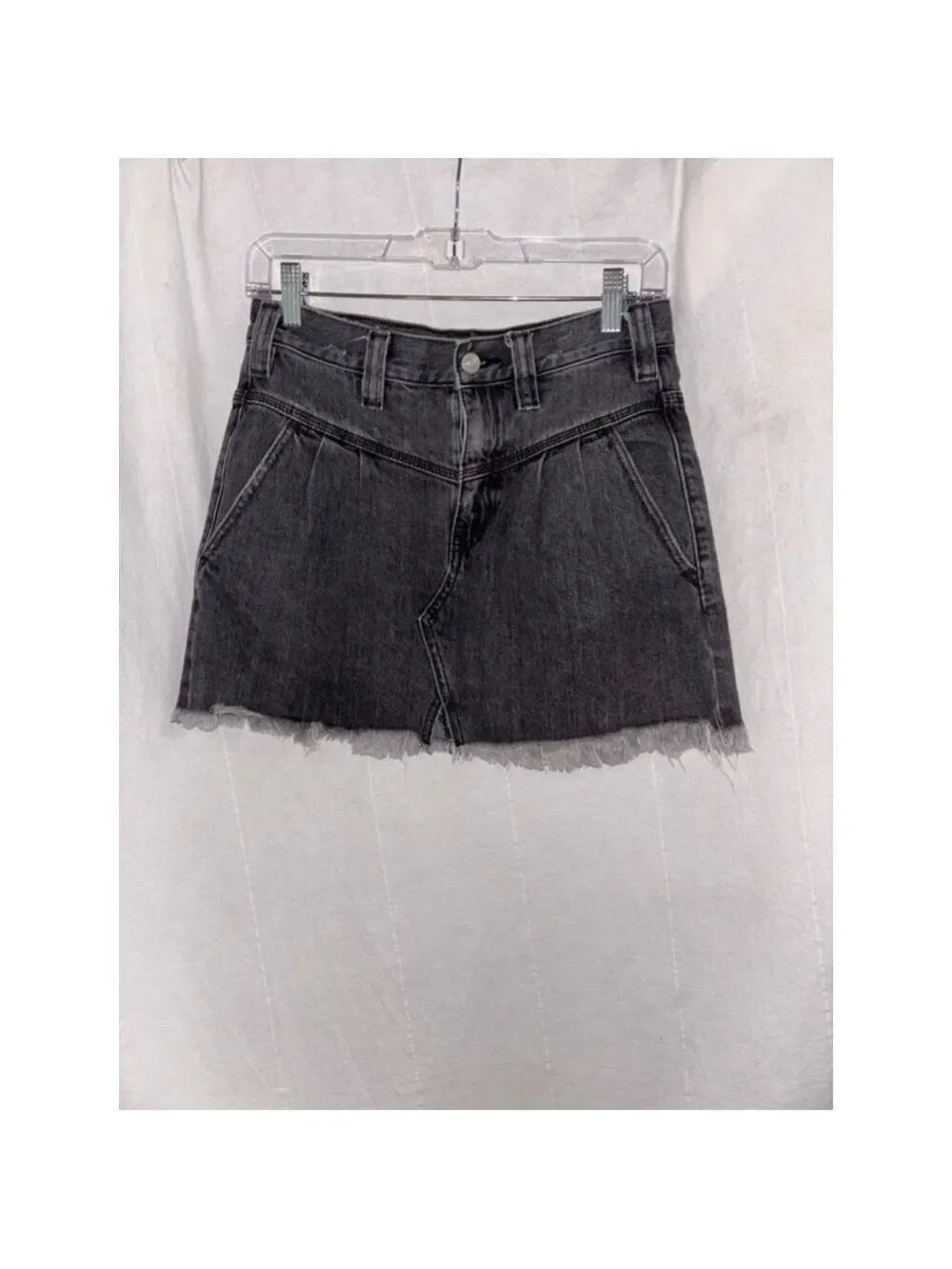 Free People Y2K Boho Western Mini Skirt- Sidecar Distressed Black Denim size 25